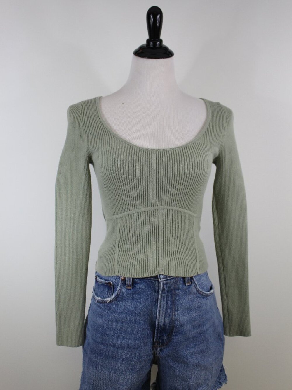 Abercrombie & Fitch Ribbed Crop Sweater Sage Green Long Sleeve Scoop Neck XS